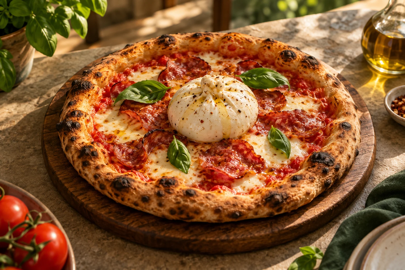 Pizza spianata et burrata, illustration du concept Ciao Forno